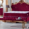 Casa Padrino Barock Doppelbett Bordeauxrot / Gold - Prunkvolles Samt Bett mit Glitzersteinen und Matratze - Komplett Set