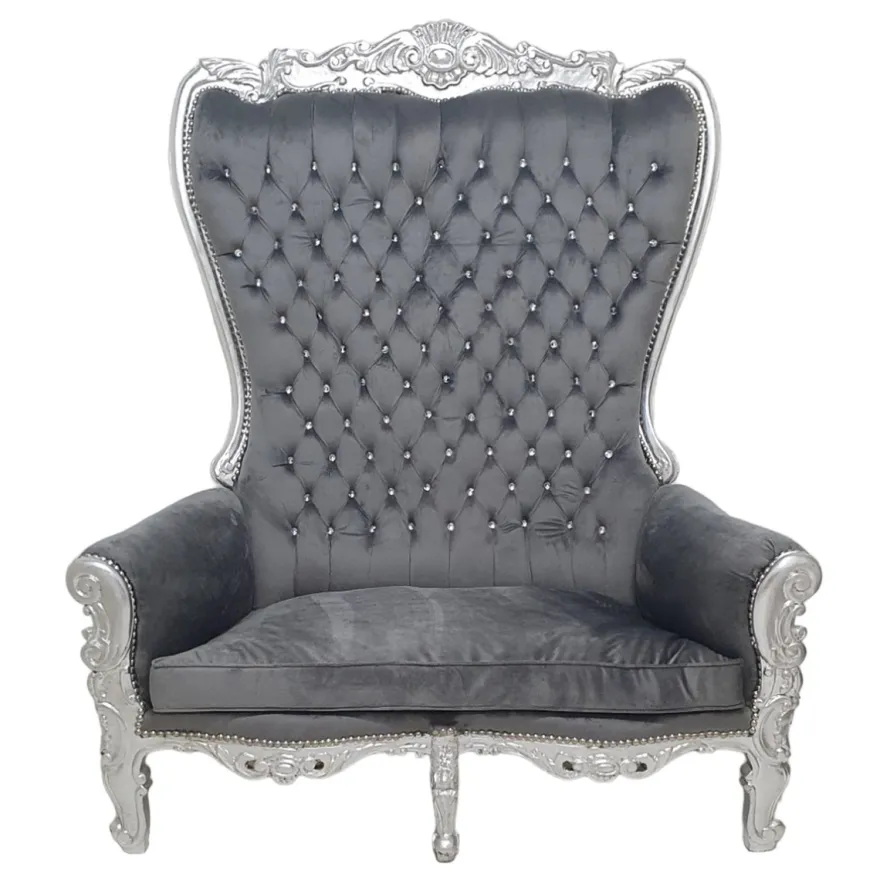 Casa Padrino Barock Doppel Thron Sessel Grau Silber Bling Steine Möbel