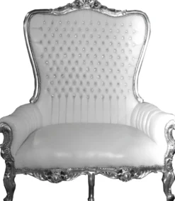 Casa Padrino Barock Doppel Thron Sessel Majestic Weiß / Silber mit Bling Bling Glitzersteinen - Riesensessel - Thron Stuhl Tron Sofa