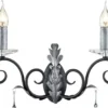 Casa Padrino Barock Doppel Wandleuchte Schwarz / Silber 37 x 19 x H. 38 cm - Elegante Wandlampe mit handgefertigten Stahl Eichenblättern und dekorativen Glastropfen - Wandleuchten im Barockstil