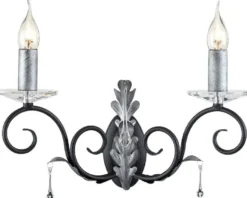 Casa Padrino Barock Doppel Wandleuchte Schwarz / Silber 37 x 19 x H. 38 cm - Elegante Wandlampe mit handgefertigten Stahl Eichenblättern und dekorativen Glastropfen - Wandleuchten im Barockstil