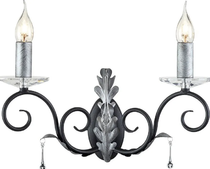 Casa Padrino Barock Doppel Wandleuchte Schwarz / Silber 37 x 19 x H. 38 cm - Elegante Wandlampe mit handgefertigten Stahl Eichenblättern und dekorativen Glastropfen - Wandleuchten im Barockstil