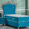 Casa Padrino Barock Einzelbett Türkis / Weiß / Antik Gold - Prunkvolles Samt Bett mit Glitzersteinen und Matratze