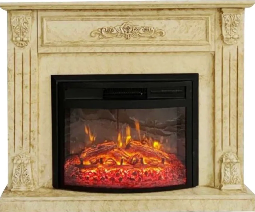 Casa Padrino Barock Elektrokamin Gelb / Schwarz 117 x 31 x H. 94 cm - Wohnzimmer Deko Kamin mit Fernbedienung - Wohnzimmer Möbel im Barockstil - Barock Möbel - Barock Elektro Kamine