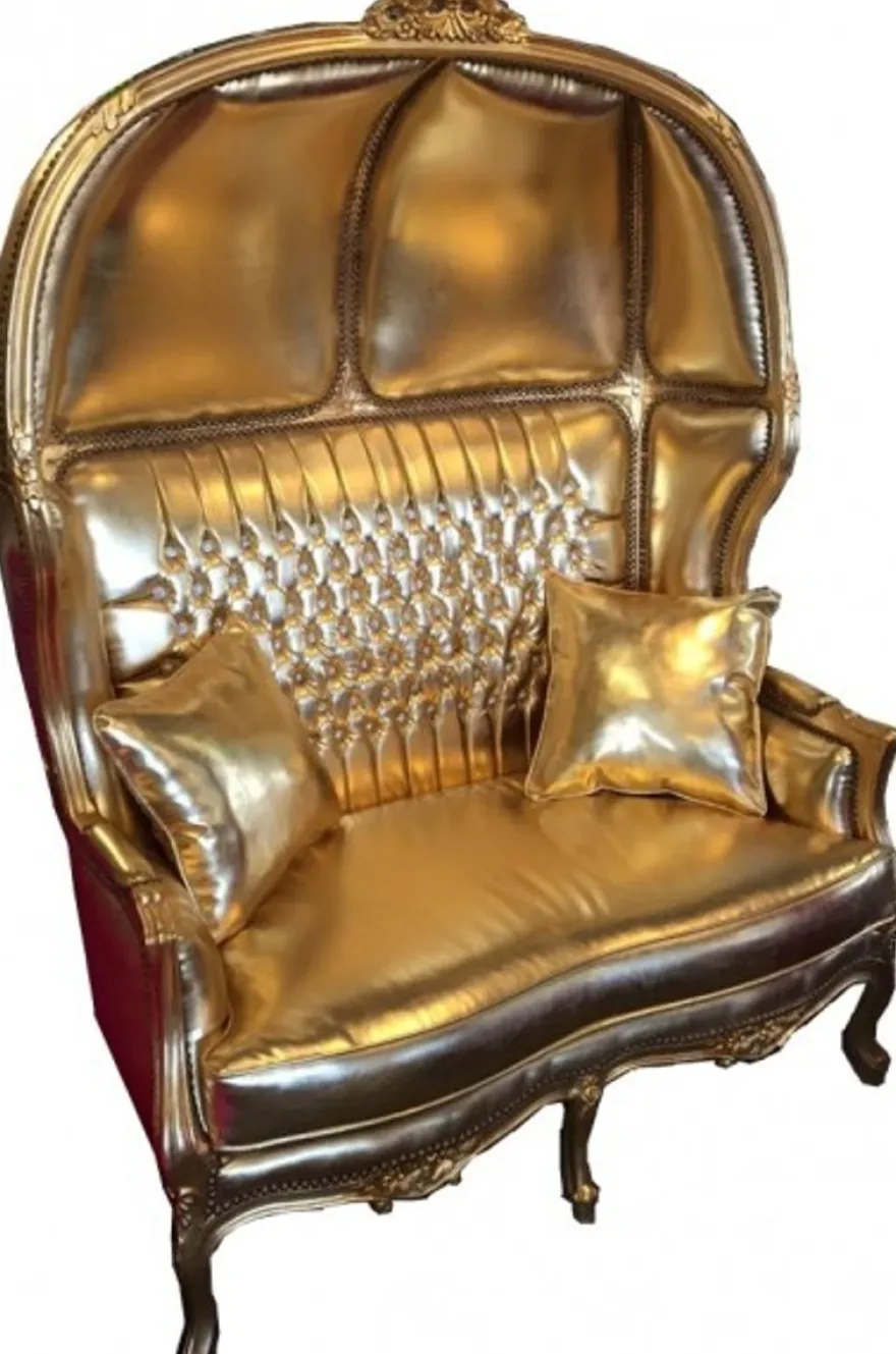 Casa Padrino Barock 2er Ballon Sofa Gold Lederoptik mit Bling Bling Glitzersteinen, 132 x 180 x 84 cm