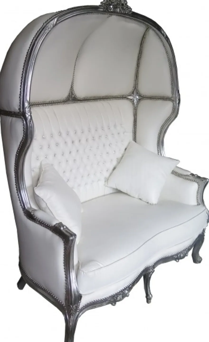 Casa Padrino Barock 2er Ballon Sofa Weiß Lederoptik / Silber - Breite 132 cm - Luxuriöse Sitzgelegenheit