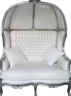 Casa Padrino Barock 2er Ballon Sofa Weiß Lederoptik / Silber - Breite 132 cm - Luxuriöse Sitzgelegenheit