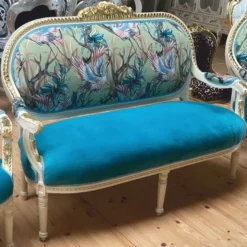 Casa Padrino Barock 2er Sofa Blau / Bunt / Weiß / Gold 150 cm - Barock Möbel