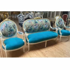 Casa Padrino Barock 2er Sofa Blau / Bunt / Weiß / Gold 150 cm - Barock Möbel
