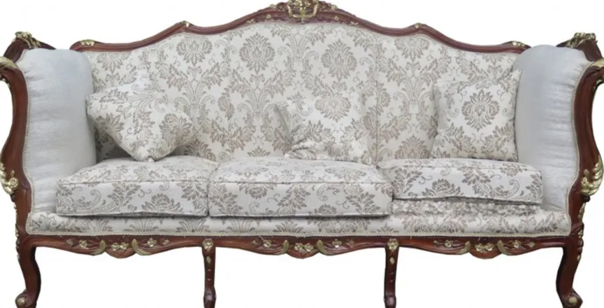 Casa Padrino Barock 3-er Sofa Creme / Braun / Gold - Luxus Sofa im Antik Stil - 220 x 77 x 119 cm