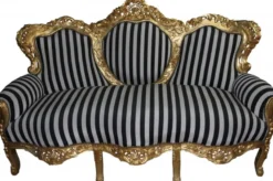 Casa Padrino Barock 3-er Sofa King im Streifen-Design Schwarz/Weiss und Gold, 184 x 81 x 125 cm