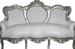Casa Padrino Barock 3er Sofa King Weiß / Silber 184 x 81 x 125 cm - Luxus Wohnzimmer Möbel