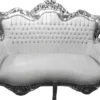 Casa Padrino Barock 2-er Sofa King Weiß Lederoptik / Silber mit Bling Bling Glitzersteinen - Wohnzimmer Couch Möbel Lounge