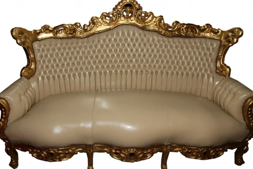 Casa Padrino Barock 3er Sofa Master im Antik Stil Creme Lederoptik und Gold, 210 x 135 x 90 cm