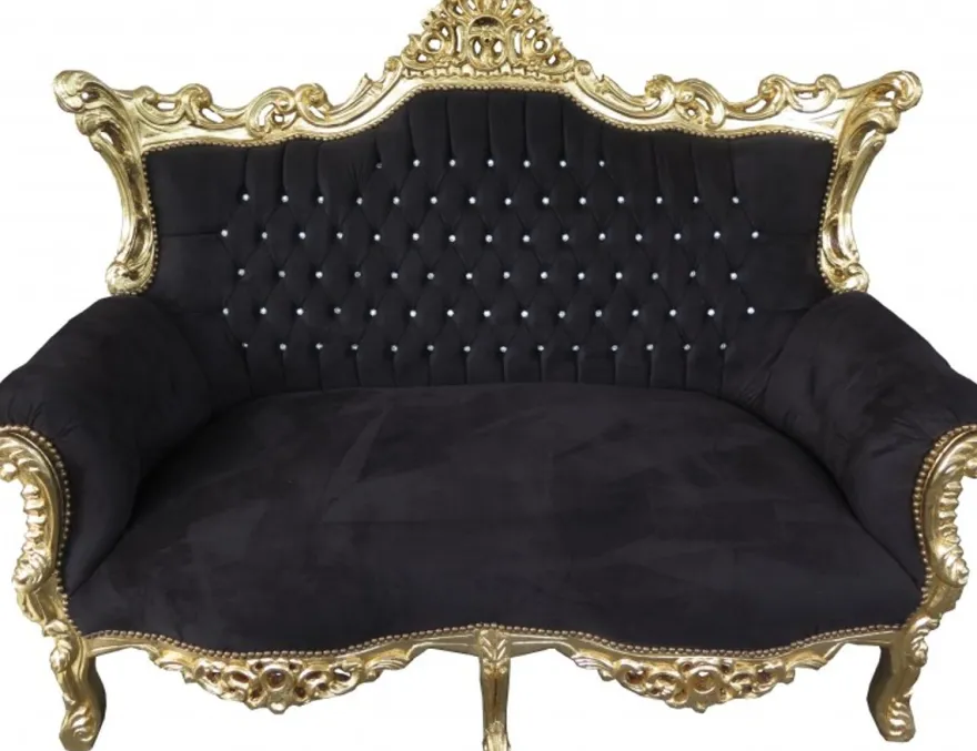 Casa Padrino Barock 2-er Sofa Master Schwarz / Gold mit Bling Bling Glitzersteinen - Antik Stil Möbel - 168 x 128 x 70 cm