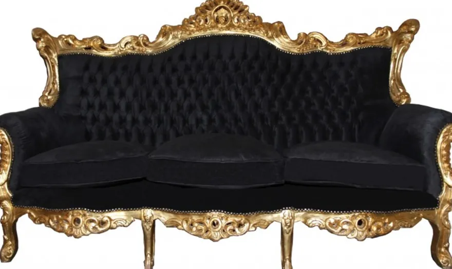 Casa Padrino Barock 3er Sofa Master Schwarz / Gold, Breite 210 cm, Höhe 135 cm, Tiefe 90 cm, Luxus Wohnzimmer Couch