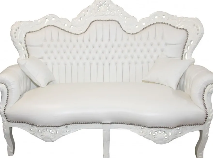 Casa Padrino Barock 2er Sofa Master Weiß Lederoptik, B 160 x H 120 x T 70 cm - Luxus Wohnzimmer Couch