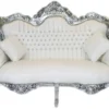 Casa Padrino Barock 2er Sofa Master in Weiß Lederoptik und Silber, Breite 160 cm, handgefertigte Luxus Couch