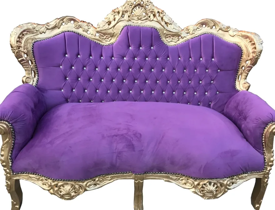 Casa Padrino Barock 2er Sofa Master mit Bling Bling Glitzersteinen Lila / Gold 160 x 70 x H. 128 cm