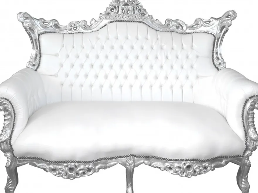 Casa Padrino Barock 2-er Sofa Master Weiß Lederoptik / Silber, 168 x 128 x 70 cm - Luxus Antik Stil Möbel