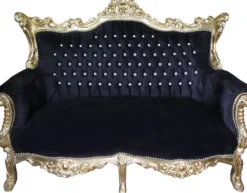 Casa Padrino Barock 2-er Sofa Master Schwarz / Gold mit Bling Bling Glitzersteinen - Breite 160 cm