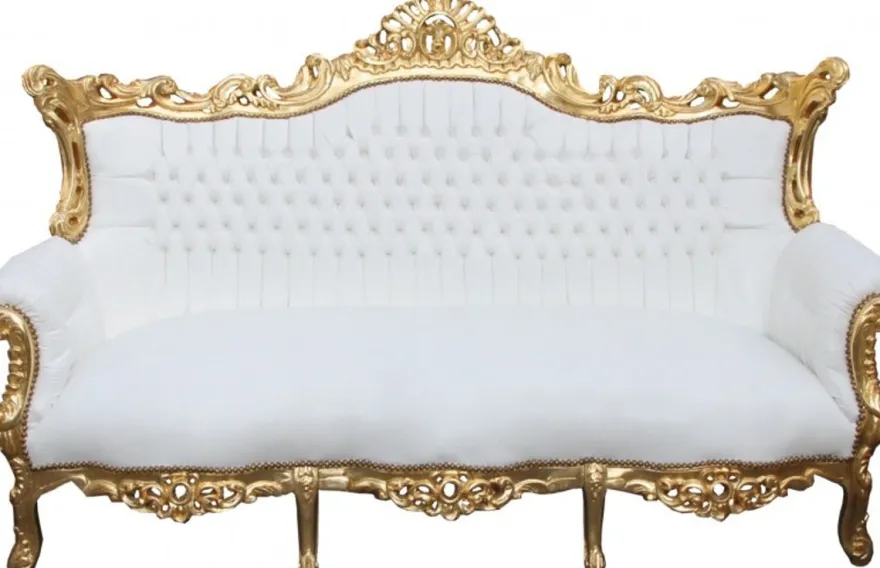 Casa Padrino Barock 3-er Sofa Master Weiss / Gold - Luxus Wohnzimmer Möbel 210 cm