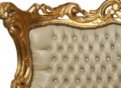 Casa Padrino Barock 3er Sofa Master Creme Lederoptik / Gold mit Bling Bling Glitzersteinen, Breite 210 cm