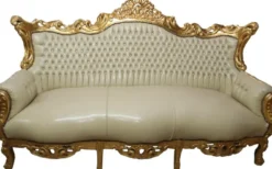 Casa Padrino Barock 3er Sofa Master Creme Lederoptik / Gold mit Bling Bling Glitzersteinen, Breite 210 cm