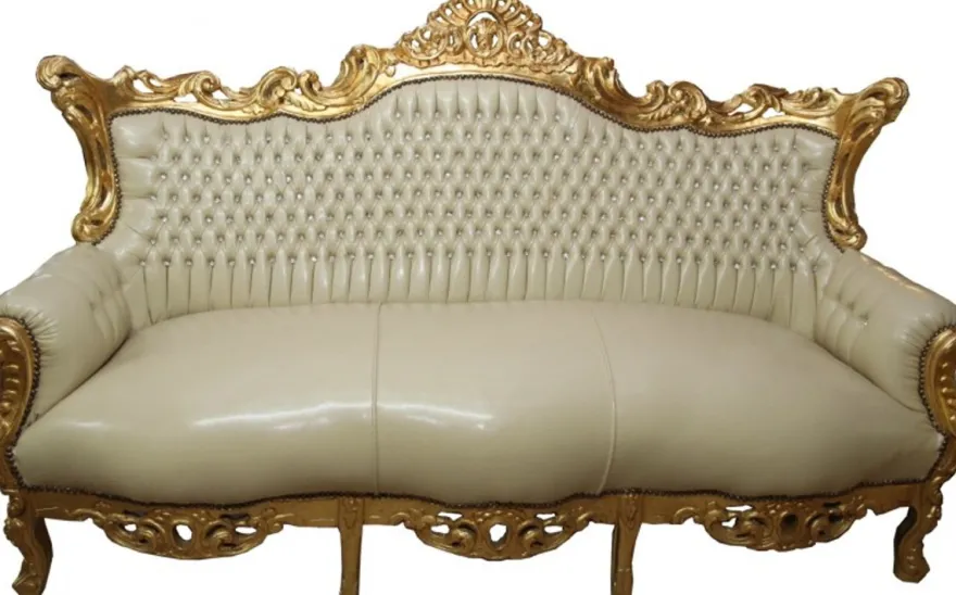 Casa Padrino Barock 3er Sofa Master Creme Lederoptik / Gold mit Bling Bling Glitzersteinen, Breite 210 cm
