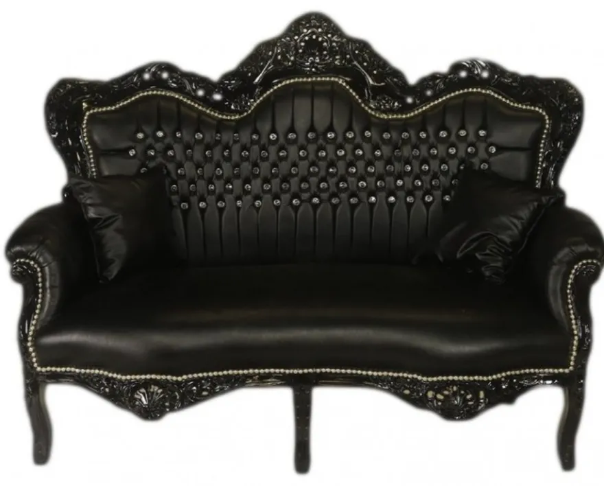 Casa Padrino Barock 2er Sofa Master Schwarz Lederoptik mit Bling Bling Glitzersteinen, Breite 160 cm