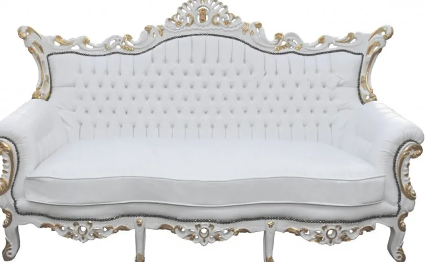 Casa Padrino Barock 3-er Sofa Master Weiss / Gold, 210 x 60 x 131 cm, handgefertigtes Antik Stil Replikat