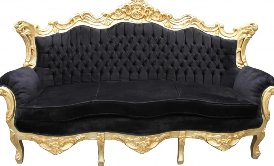 Casa Padrino Barock 3er Sofa Master Schwarz / Gold - Handgefertigte Luxus Couch im Antik Stil - 210 x 135 x 90 cm