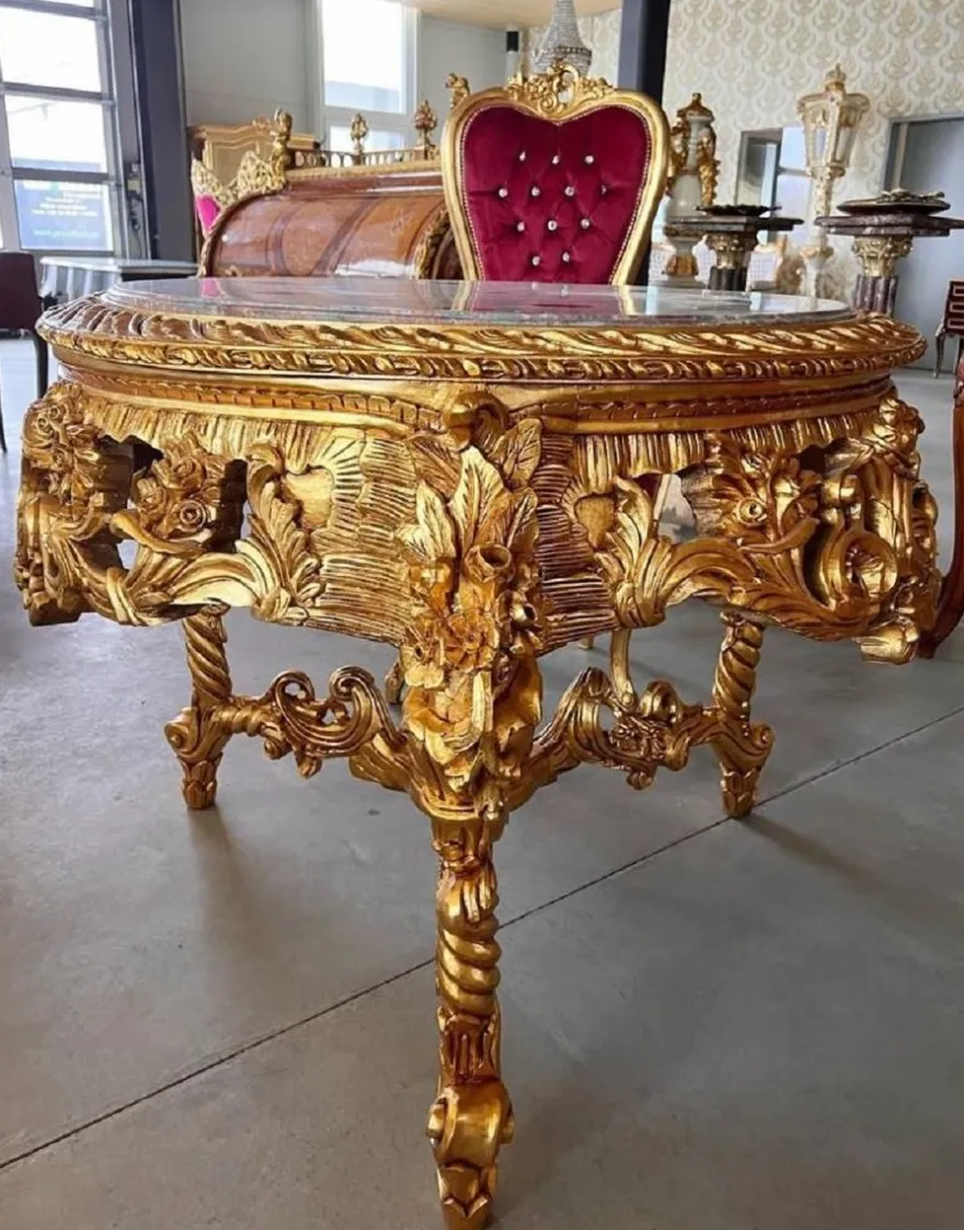 Casa Padrino Barock Esstisch Gold / Grau-Braun - Runder Massivholz Esszimmertisch mit Marmorplatte - Esszimmer Möbel im Barockstil - Barock Möbel - Edel & Prunkvoll