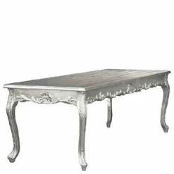 Casa Padrino Barock Esstisch, prunkvoller Esszimmertisch in Silber, Massivholz mit Glasplatte, 180 x 88 x 84 cm