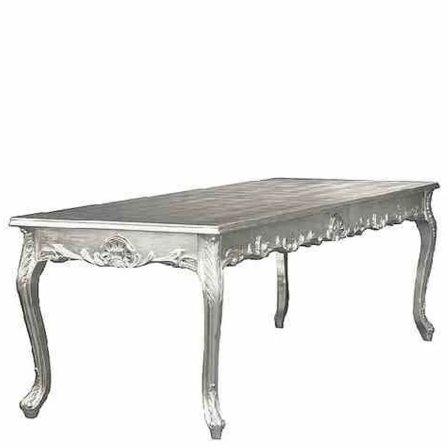 Casa Padrino Barock Esstisch, prunkvoller Esszimmertisch in Silber, Massivholz mit Glasplatte, 180 x 88 x 84 cm