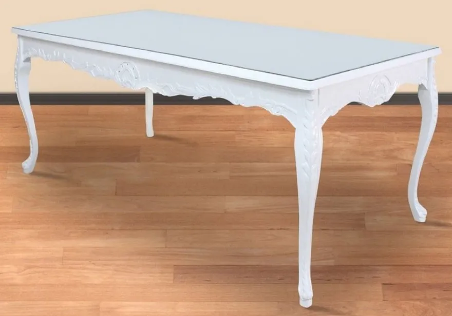 Casa Padrino Barock Esstisch Weiß 200 x 100 x H. 90 cm - Massivholz Küchentisch mit Glasplatte - Barock Esszimmer Möbel