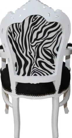 Casa Padrino Barock Esszimmer Stuhl mit Armlehnen Schwarz / Zebra / Weiß - Massivholz, 108 x 53 x 57 cm