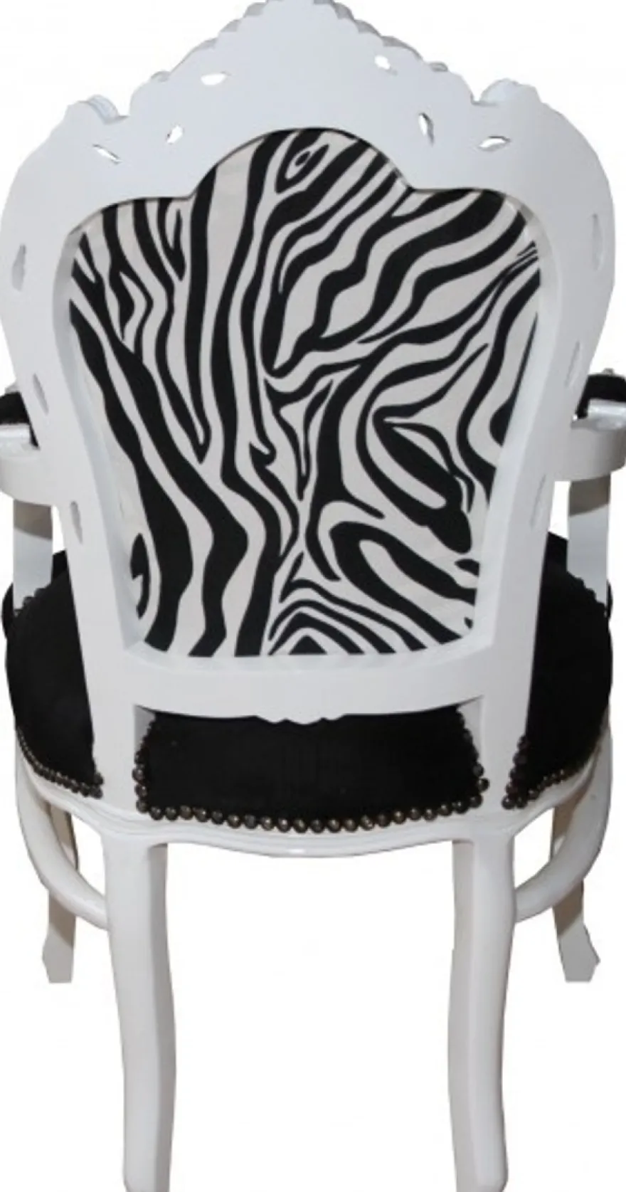 Casa Padrino Barock Esszimmer Stuhl mit Armlehnen Schwarz / Zebra / Weiß - Massivholz, 108 x 53 x 57 cm