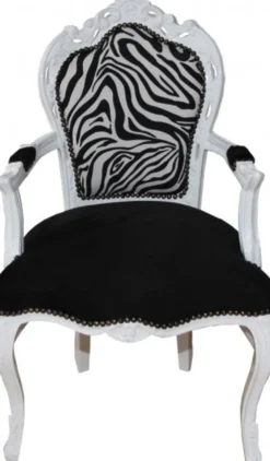 Casa Padrino Barock Esszimmer Stuhl mit Armlehnen Schwarz / Zebra / Weiß - Massivholz, 108 x 53 x 57 cm