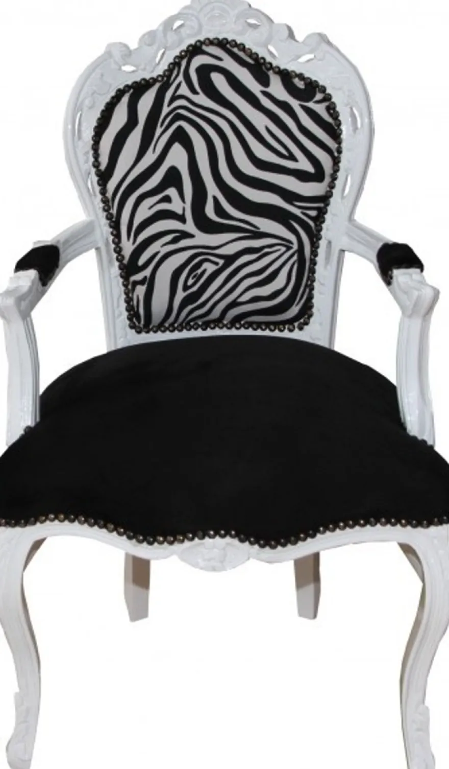 Casa Padrino Barock Esszimmer Stuhl mit Armlehnen Schwarz / Zebra / Weiß - Massivholz, 108 x 53 x 57 cm
