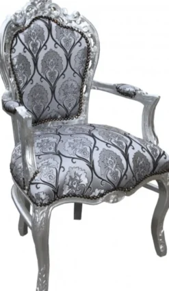Casa Padrino Barock Esszimmer mit Armlehnen Silber-Schwarz Muster / Silber - Antik Stil Möbel