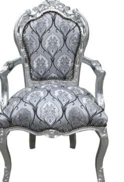 Casa Padrino Barock Esszimmer mit Armlehnen Silber-Schwarz Muster / Silber - Antik Stil Möbel