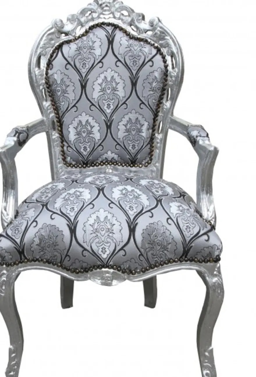 Casa Padrino Barock Esszimmer mit Armlehnen Silber-Schwarz Muster / Silber - Antik Stil Möbel
