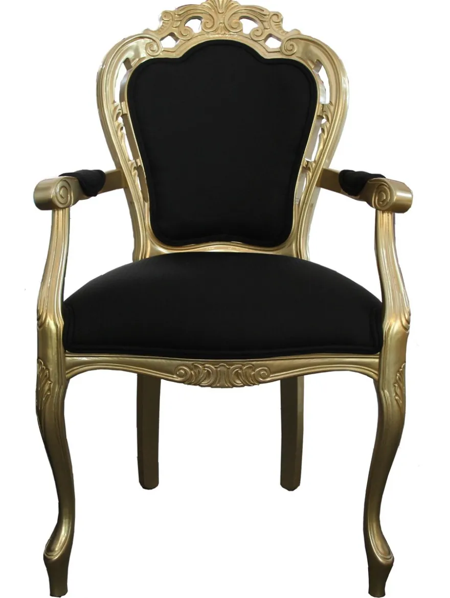 Casa Padrino Barock Esszimmer Stuhl mit Armlehne Schwarz / Gold - Designer Stuhl - Luxus Qualität
