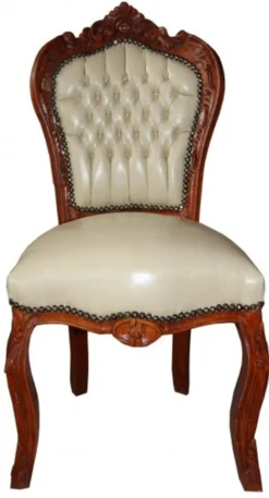 Casa Padrino Barock Esszimmer Stuhl Creme Lederoptik / Braun - Barock Möbel