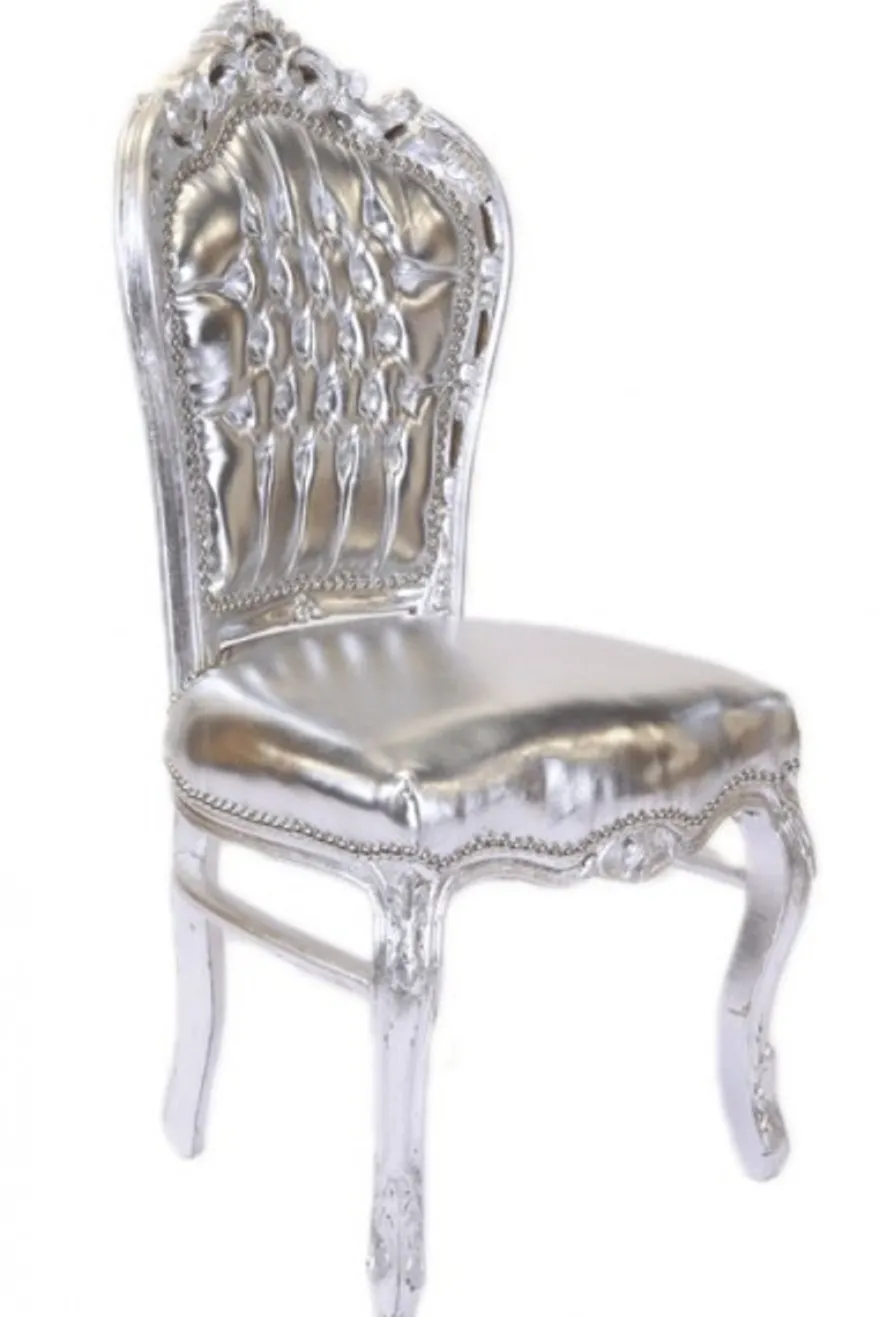 Casa Padrino Barock Esszimmer Stuhl Silber Lederoptik / Silber - Antik Stil Möbel