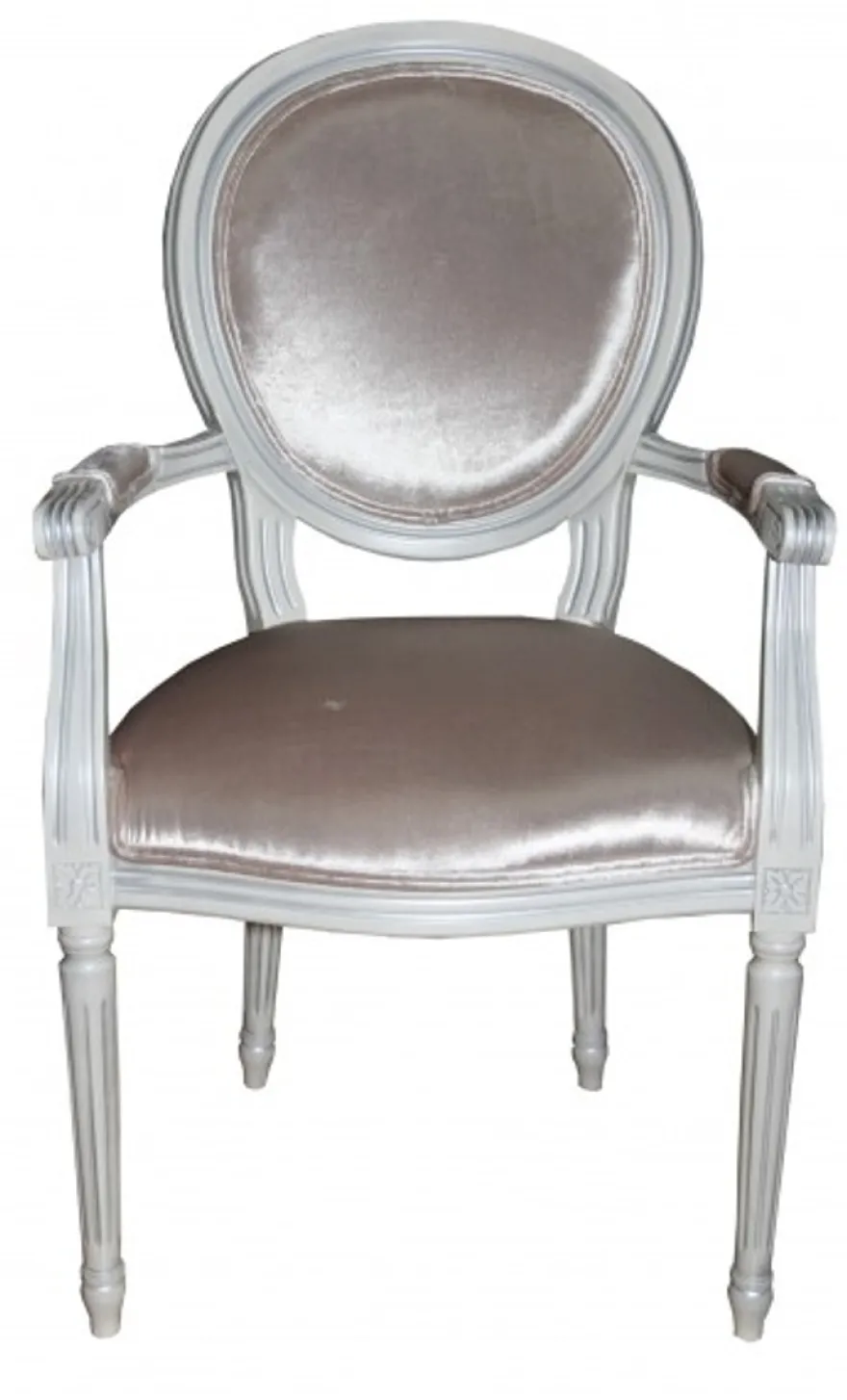 Casa Padrino Barock Esszimmer Stuhl mit Armlehne Beige / White / Silver - Designer Stuhl - Luxus Qualität