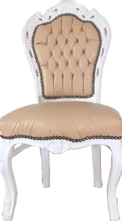 Casa Padrino Barock Esszimmerstuhl Beige / Weiß 53 x 57 x H. 108 cm - Handgefertigter Antik Stil Massivholz Stuhl mit edlem Kunstleder - Barock Esszimmer Möbel