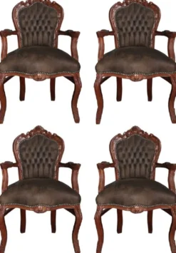 Casa Padrino Barock Esszimmer Set Braun / Braun Lederoptik 53 x 57 x H. 108 cm - 4 handgefertigte Esszimmerstühle mit Armlehnen - Barockmöbel