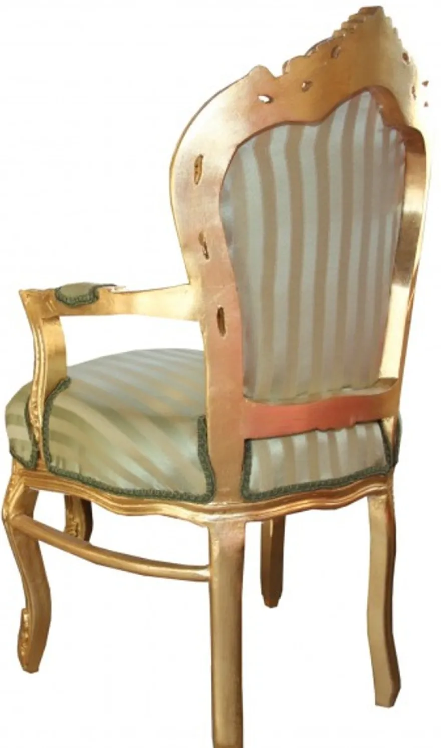 Casa Padrino Barock Esszimmer Stuhl Grün / Creme Streifen / Gold mit Armlehnen - Antik Möbel